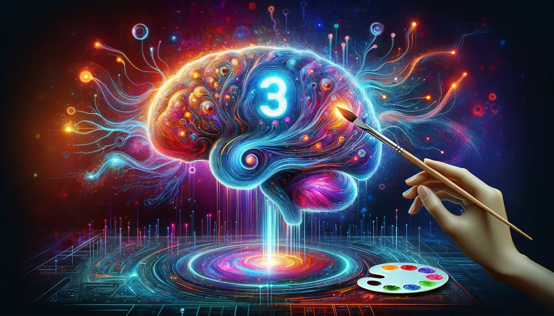 A vibrant digital art piece showcasing the concept of DALL·E 3, featuring an artistic representation of an AI brain composed of glowing neural connections and electronic circuits. The brain is engaging with traditional art tools like a palette and brush, symbolizing the fusion of technology and creativity. The image highlights the powerful, creative potential of AI in a visually compelling composition with dynamic colors and futuristic elements.