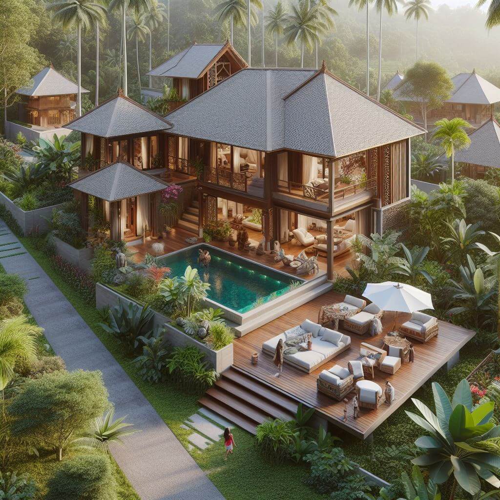A luxurious multi-level villa boasting traditional Balinese architecture with modern elegance, surrounded by lush tropical flora. The central area showcases an inviting infinity pool alongside a spacious wooden deck equipped with plush lounge areas and a white sun umbrella, offering a perfect blend of relaxation and style. Each tier of the residence opens up to the natural beauty of the surrounding jungle, with the silhouette of palm trees against the golden hour sky, encapsulating an opulent and peaceful retreat.